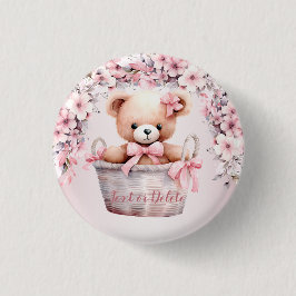 Teddy Bear Baby Girl Pink Blume Party Elegant Button