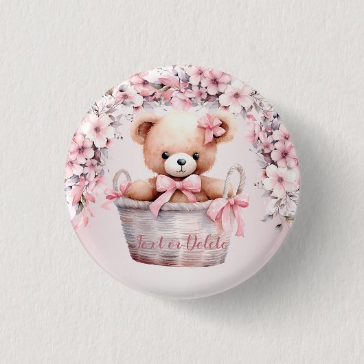 Teddy Bear Baby Girl Pink Blume Party Elegant Button (Vorderseite)