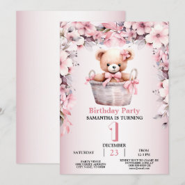 Teddy Bear Baby Girl Pink Blume Party Elegant Einladung