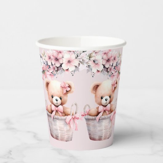 Teddy Bear Baby Girl Pink Blume Party Elegant Pappbecher (Links)
