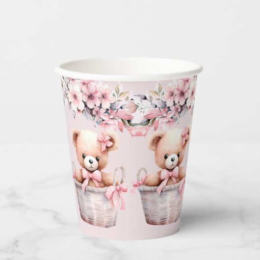 Teddy Bear Baby Girl Pink Blume Party Elegant Pappbecher (Vorderseite)