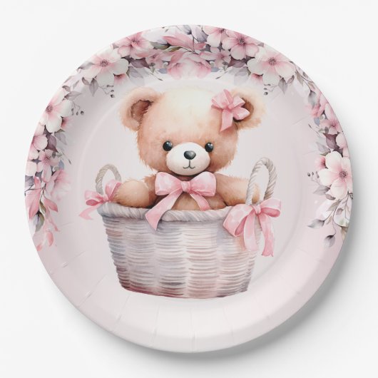 Teddy Bear Baby Girl Pink Blume Party Elegant Pappteller (Vorderseite)