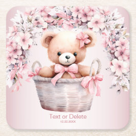 Teddy Bear Baby Girl Pink Blume Party Elegant Rechteckiger Pappuntersetzer