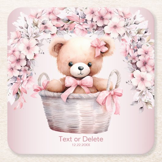 Teddy Bear Baby Girl Pink Blume Party Elegant Rechteckiger Pappuntersetzer (Vorderseite)