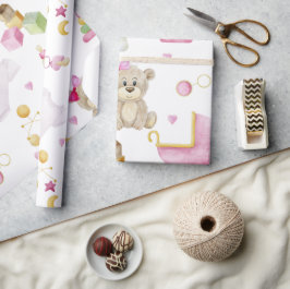 Teddy Bear Baby Girl Pink Watercolor Babydusche Geschenkpapier