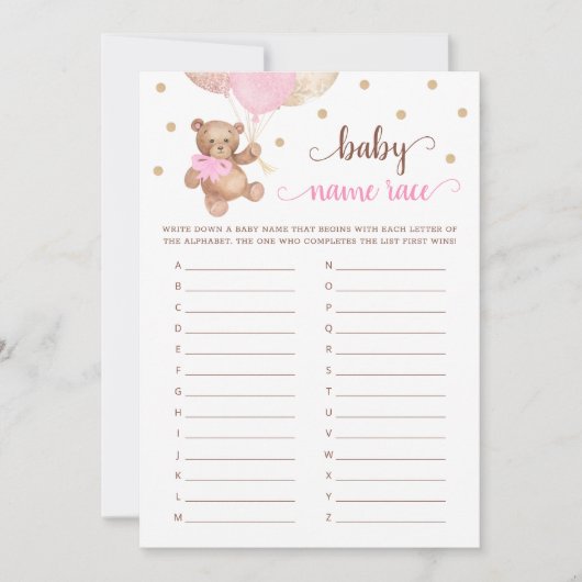 Teddy Bear Baby Name Race Baby Shooting Game Card Einladung (Vorderseite)