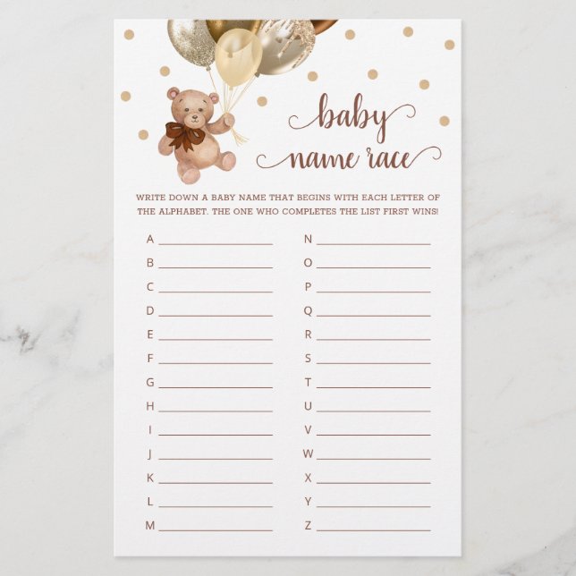 Teddy Bear Baby Name Race Baby Showspiel (Vorderseite)