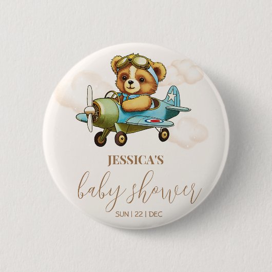 Teddy Bear Baby Pilot Airplane Babydusche Button (Vorderseite)