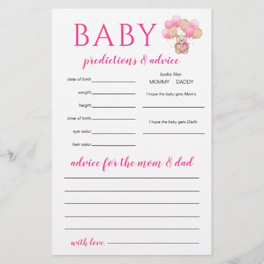 Teddy Bear Baby Predictions Game Flyer (Vorne)