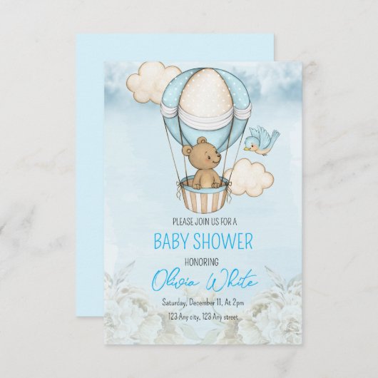 Teddy Bear Baby Shower Air Ballon Boy Baby Dusche Einladung (Vorne/Hinten)