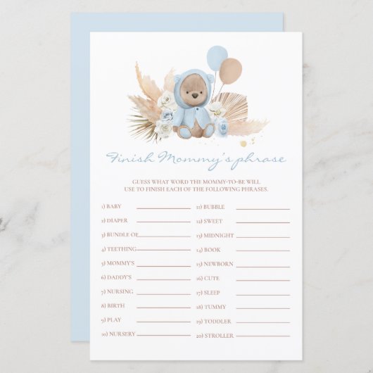 Teddy Bear Baby Shower beendet Mommy's Phrase Game (Vorne/Hinten)