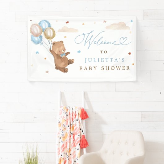 Teddy Bear Baby Shower Boy Blue Bär Willkommen Banner (Insitu)