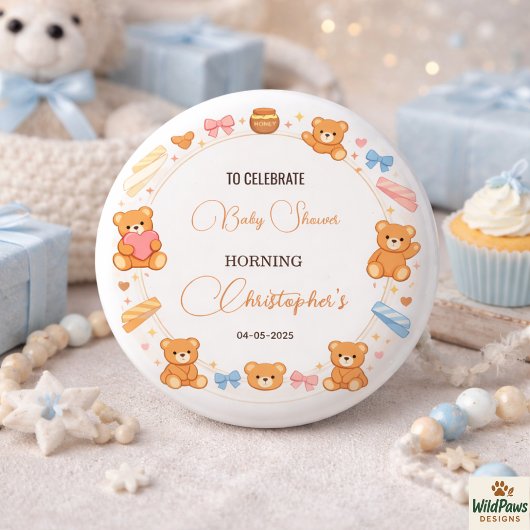 Teddy Bear Baby Shower Boy | Cute Blue Bear Button