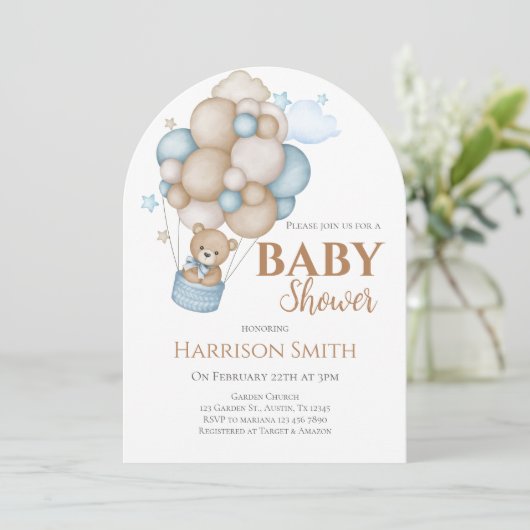 Teddy Bear Baby Shower Boy Einladung (Stehend Vorderseite)