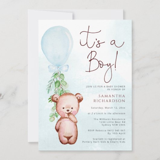 Teddy Bear Baby Shower Boy Einladung (Vorderseite)