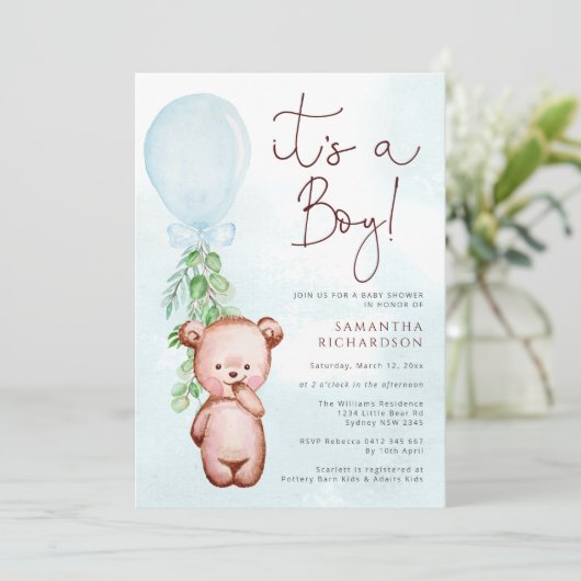 Teddy Bear Baby Shower Boy Einladung (Stehend Vorderseite)