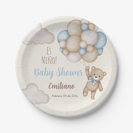 Teddy Bear Baby Shower Boy Spanisch Pappteller (Vorderseite)