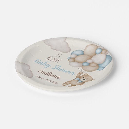 Teddy Bear Baby Shower Boy Spanisch Pappteller (Schrägansicht)