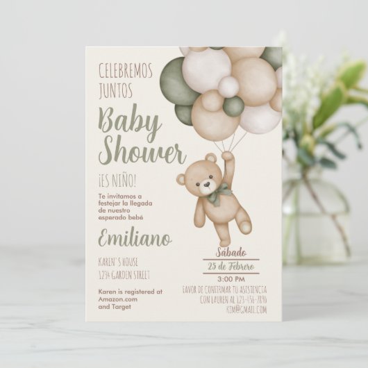 Teddy Bear Baby Shower Boy Spanische Einladung (Stehend Vorderseite)