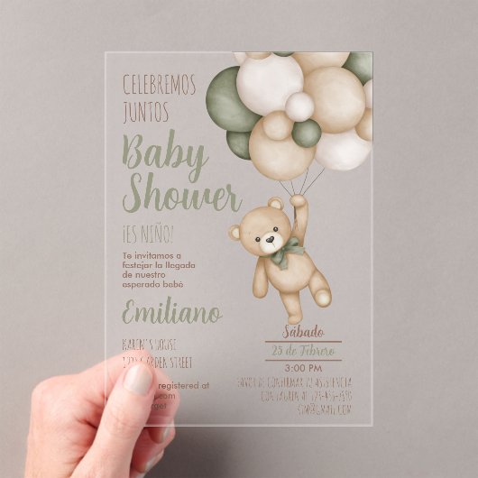 Teddy Bear Baby Shower Boy Spanischer Acryl Invita Acryleinladungen (Insitu (Handheld))
