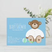 Teddy Bear Baby Shower Einladung, blauer Hintergru Einladung (Stehend Vorderseite)