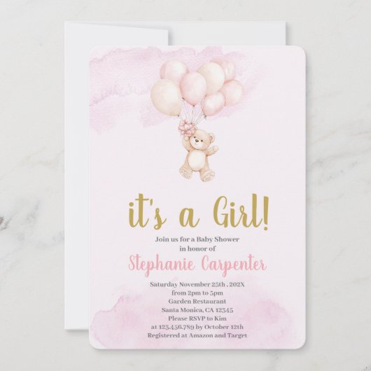 Teddy bear baby Shower Girl Einladung (Vorderseite)
