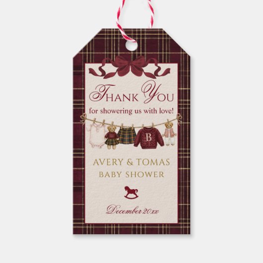 Teddy Bear Baby Shower Girl Plaid Burgundy Bow Geschenkanhänger (Vorderseite)