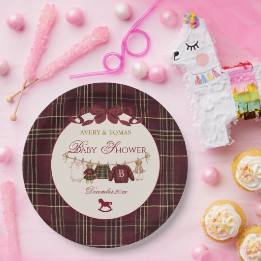 Teddy Bear Baby Shower Girl Plaid Burgundy Bow  Pappteller (Party)