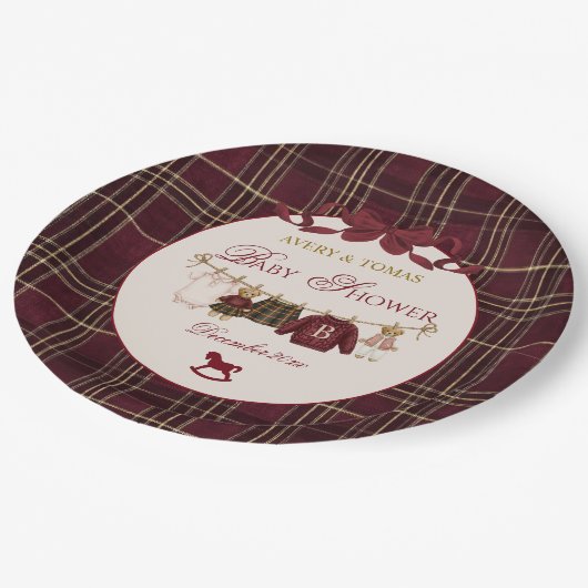Teddy Bear Baby Shower Girl Plaid Burgundy Bow  Pappteller (Schrägansicht)