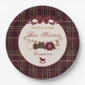 Teddy Bear Baby Shower Girl Plaid Burgundy Bow  Pappteller (Vorderseite)
