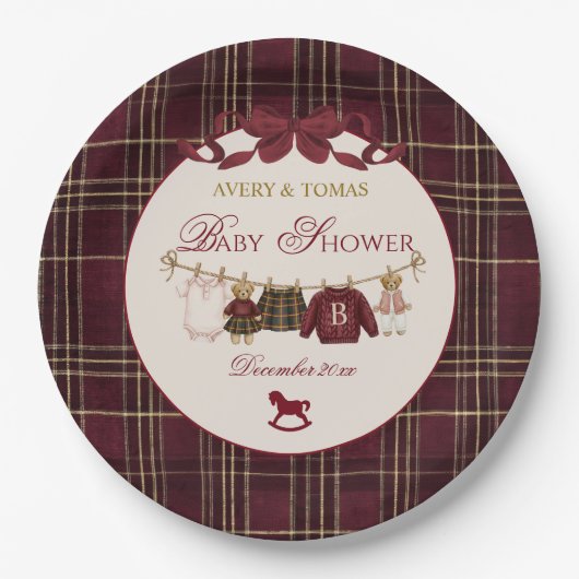 Teddy Bear Baby Shower Girl Plaid Burgundy Bow  Pappteller (Vorderseite)