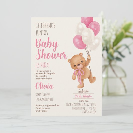 Teddy Bear Baby Shower Girl Spanische Einladung (Stehend Vorderseite)