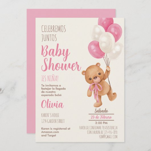 Teddy Bear Baby Shower Girl Spanische Einladung (Vorne/Hinten)
