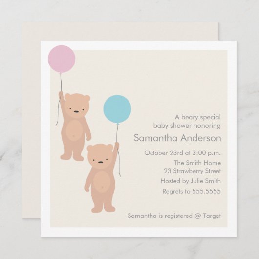 Teddy Bear Baby Shower Invasion - Twin Boy Girl Einladung (Vorne/Hinten)