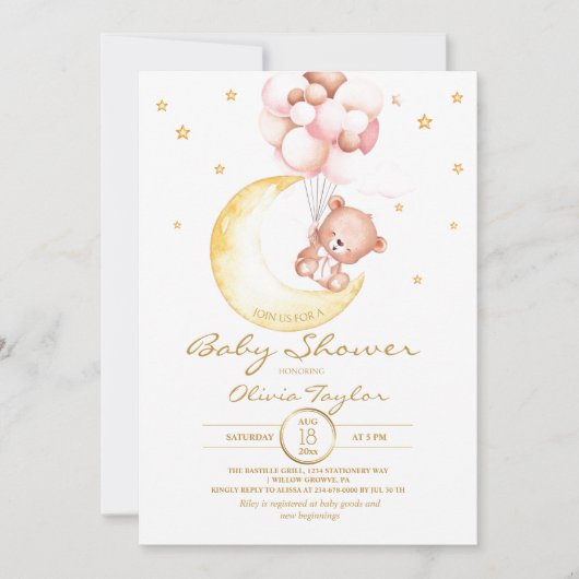 Teddy Bear Baby Shower Moon and Stars Girly Einladung (Vorderseite)
