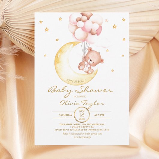 Teddy Bear Baby Shower Moon and Stars Girly Einladung