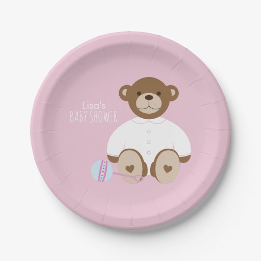 Teddy Bear Baby Shower Paper Plate - auf rosa Pappteller (Vorderseite)