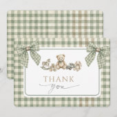 Teddy Bear Baby Shower Sage Green Gingham Bow  Dankeskarte (Vorne/Hinten)