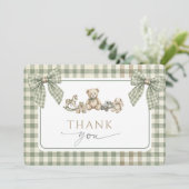 Teddy Bear Baby Shower Sage Green Gingham Bow  Dankeskarte (Stehend Vorderseite)