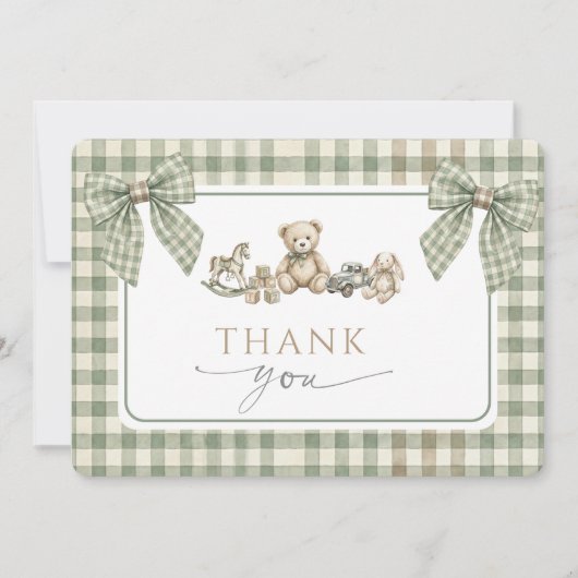 Teddy Bear Baby Shower Sage Green Gingham Bow  Dankeskarte (Vorderseite)