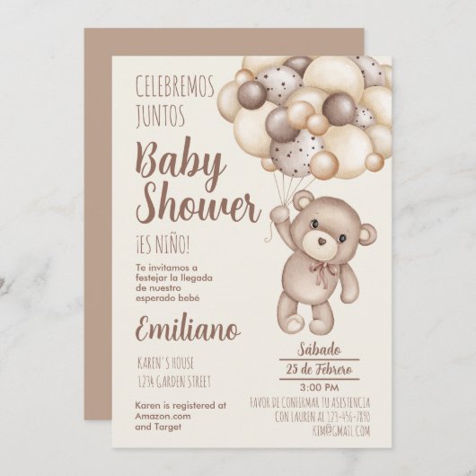 Teddy Bear Baby Shower Spanische Einladung (Vorne/Hinten)