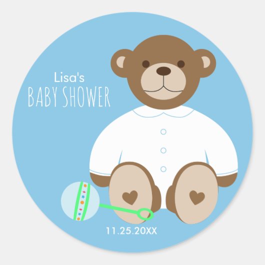 Teddy Bear Baby Shower Sticker, blau Hintergrund Runder Aufkleber (Vorderseite)