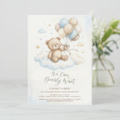 Teddy Bear Baby Shower with Brown Sage Balloons Einladung (Stehend Vorderseite)