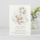 Teddy Bear Baby Shower with Brown Sage Balloons Einladung (Stehend Vorderseite)