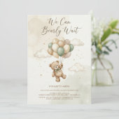 Teddy Bear Baby Shower with Brown Sage Balloons Einladung (Stehend Vorderseite)