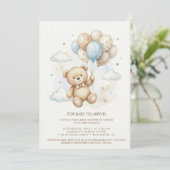Teddy Bear Baby Shower with Brown Sage Balloons Einladung (Stehend Vorderseite)