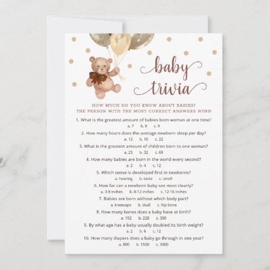 Teddy Bear Baby Trivia Baby Duschkarte Einladung (Vorderseite)