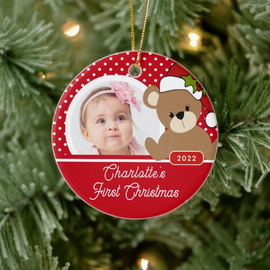 Teddy Bear Baby's First Christmas Foto Keramik Ornament (Baum)