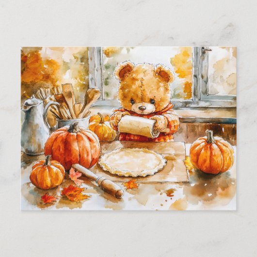 Teddy Bear Baking a Pumpkin Pie Postkarte (Vorderseite)