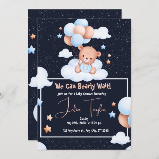 Teddy Bear Ballon Bearly Wait neutrale Baby Dusche Einladung (Vorne/Hinten)
